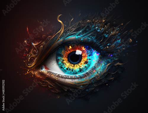 Close up of female eye with colorful iris and paint splashes on black background. Human Eye under neon light. Eye illustration  Psy art