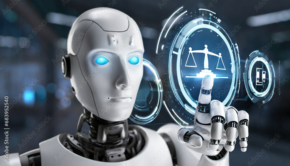 Naklejka premium Law concept lawyer cyber digital compliance business technology concept. 3d render robot pressing button.