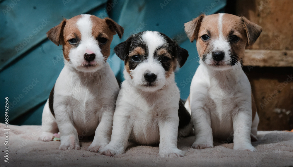 Jack Russell x Border Terrier puppies, sitting.