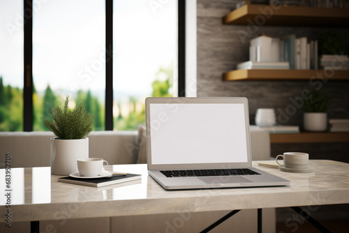 Sleek laptop mockup on a minimalist Modern tabletop living room  © shaista