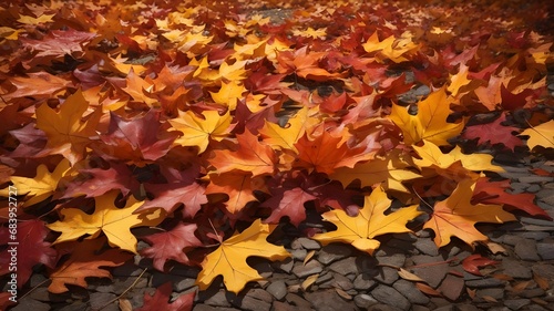 Autumn yellow and orange leaves placed randomly in street. AI Generated