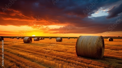  a field with hay bales in the foreground and a sunset in the background with clouds in the sky.