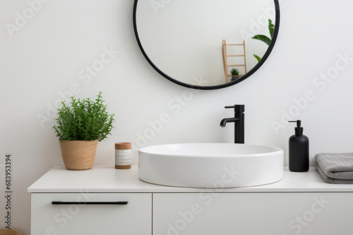 Sink with mirror standing in on white wall. White cabinet with black faucet in minimalist bathroom. Generative AI