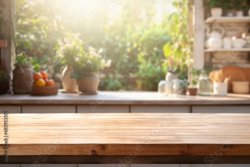 Empty wooden table in front of the blurred background of kitchen interior. Generative AI