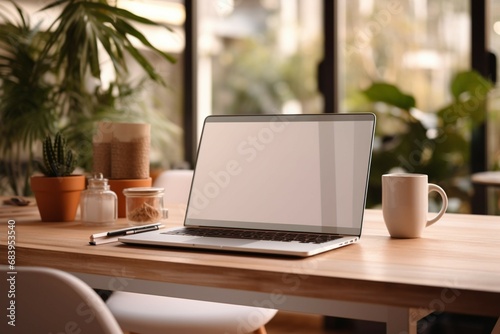 Sleek laptop mockup on a minimalist Modern tabletop living room 