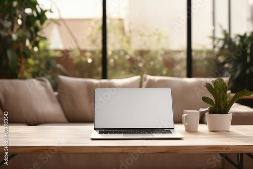 Sleek laptop mockup on a minimalist Modern tabletop living room  © shaista