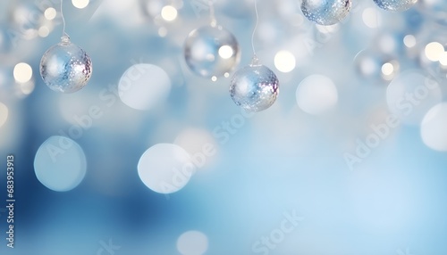Christmas light blue lights background with out of focus golden garland on blue surface. Holiday illumination and decoration. Bokeh lights.