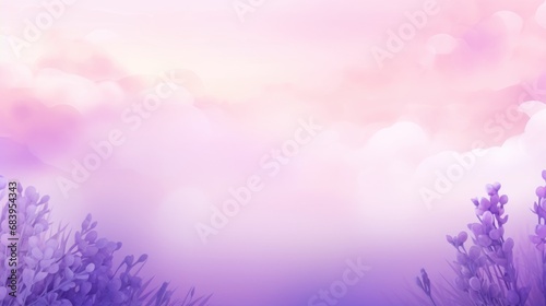  a blurry photo of lavender flowers against a pastel pink and purple sky with clouds in the back ground. © Anna