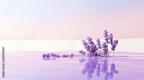  a bunch of purple flowers floating on top of a body of water with a pink sky in the back ground. © Anna
