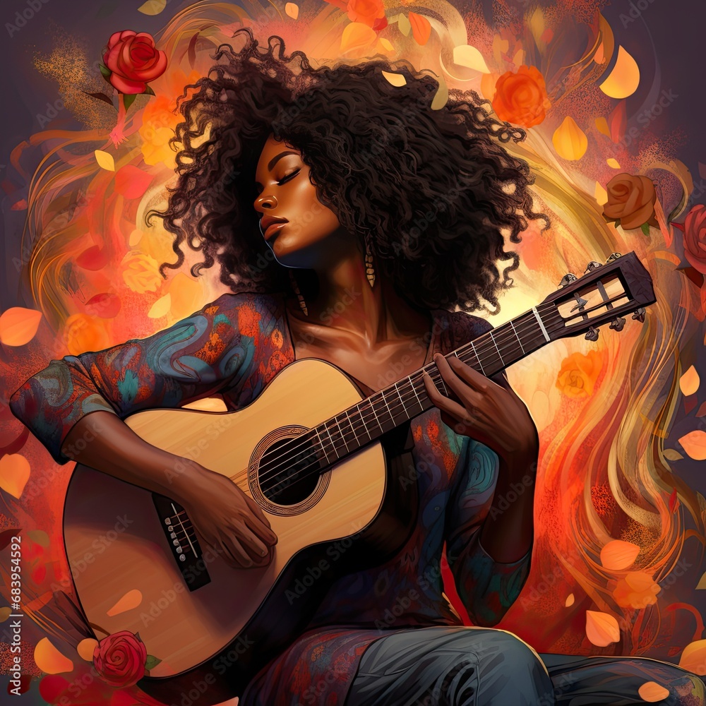 Obraz premium Curly-Haired Woman Performing on Stage with Electric Guitar