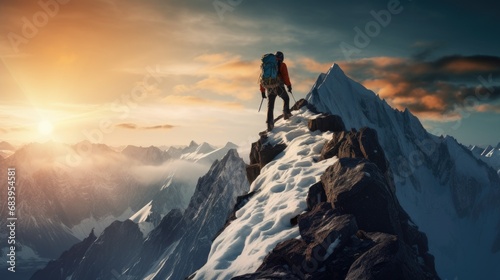 Courageous Climber Conquers Snowy Mountain Peak photo