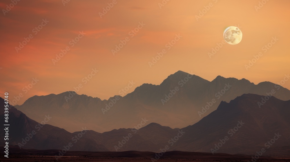Fototapeta premium a view of a mountain range at sunset with a full moon in the sky and a distant mountain range in the foreground.