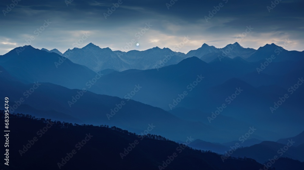  a view of a mountain range at night with the sun peeking through the clouds and the moon in the distance.