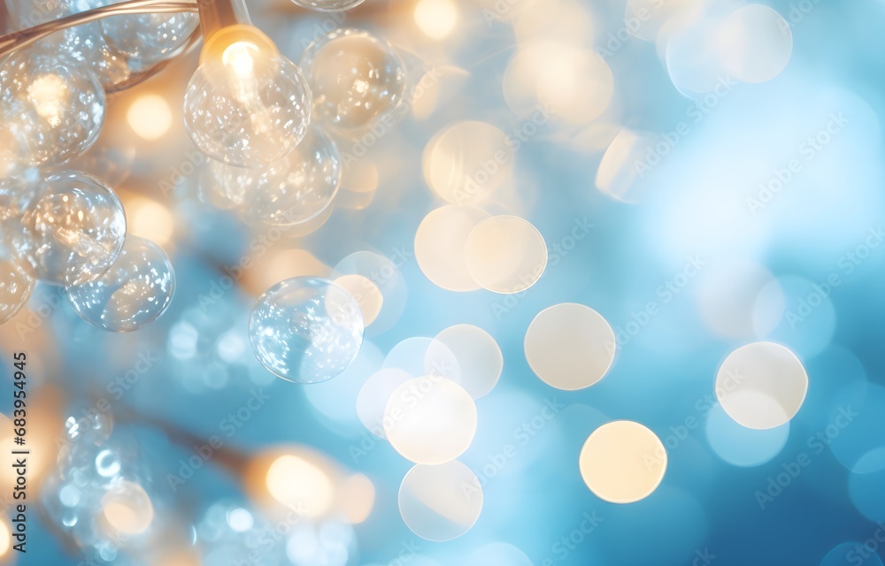 Christmas light blue lights background with out of focus golden garland on blue surface. Holiday illumination and decoration. Bokeh lights. Christmas light blue lights background with out of focus golden garland on blue surface. Holiday illumination and decoration. Bokeh lights.