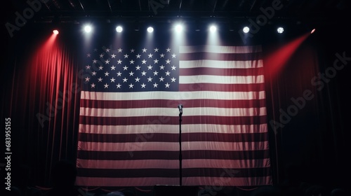 Patriotic Stage with Illuminated American Flag, Microphone, and Empty Venue After Concert