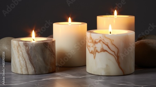  a group of three candles sitting next to each other on top of a marble counter top in front of a black background.