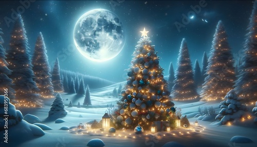 Noël en hiver : illustration d'un paysage nocturne avec arbre de Noël et sapin sous la lune. Scène de célébration saisonnière, nature enneigée, décorations scintillantes, ambiance froide et festive. © Sébastien