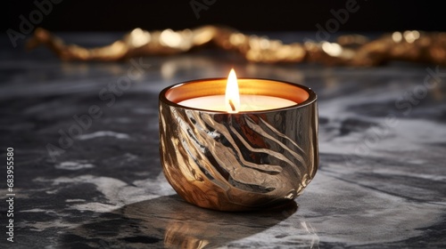  a close up of a candle on a table with a black and white design on the inside of the candle. © Anna