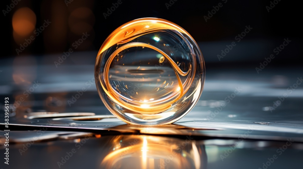  a close up of a glass ball on a table with a light reflecting off of it's glass surface.