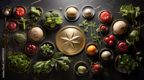  a table topped with bowls filled with different types of fruits and vegetables next to a compass on top of a table.