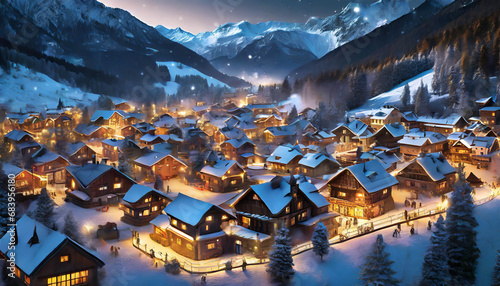 Village or town in rural, winter landscape at night. Illuminated Houses with snow mountain background during Christmas. travel destination, ai generated © hanohiki