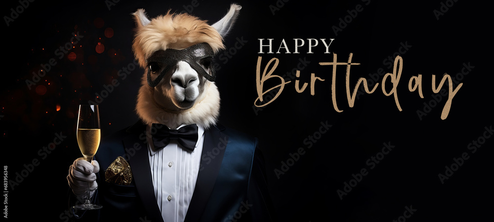 Happy Birthday party celebration greeting card with text - A funny alpaca with suit, bow tie and champagne glass, champagne cheers during a celebration, isolated on black background - obrazy, fototapety, plakaty 