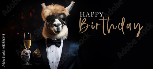 Happy Birthday party celebration greeting card with text - A funny alpaca with suit, bow tie and champagne glass, champagne cheers during a celebration, isolated on black background