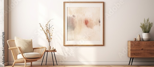 In the vintage art gallery  an abstract design poster  featuring a retro paint line on a grunge white wall  hangs within a wooden frame  adding texture and depth to the space  while emitting a soft