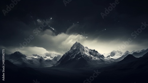  a black and white photo of a mountain under a cloudy sky with stars and a shooting star in the sky.