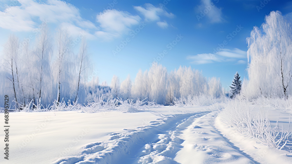 Obraz premium Winter background snow covered trees on a sunny day. High quality photo