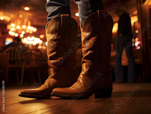 Close-up picture of shoes while people are dancing, american boots, dance party at a bar, american traditional dance, cowboy shoe