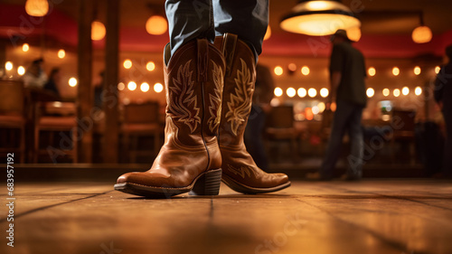 Close-up picture of shoes while people are dancing, american boots, dance party at a bar, american traditional dance, cowboy shoe photo