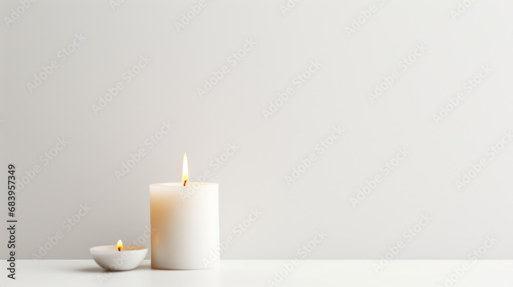  a white candle sitting on top of a white table next to a white bowl of food and a white wall.