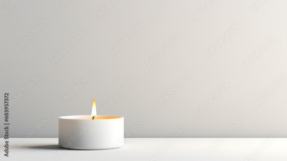 a lit candle sitting on top of a table next to a white vase with a yellow candle inside of it. a lit candle sitting on top of a table next to a white vase with a yellow candle inside of it.