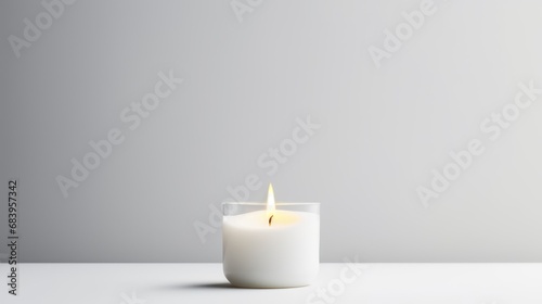  a white candle sitting on top of a white table next to a gray wall and a gray wall behind it.
