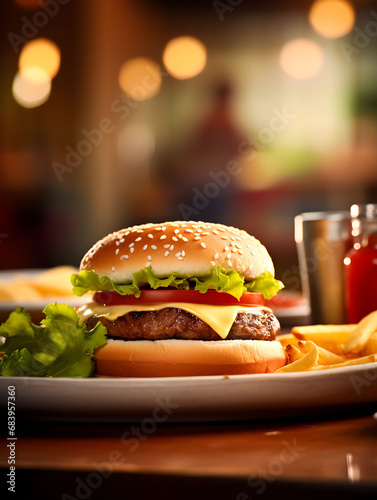 close-up picture of a hamburger at a diner restaurant, american food, american meal, fast food, cheeseburger with fries, tomatoes and salad, food picture, beef burger