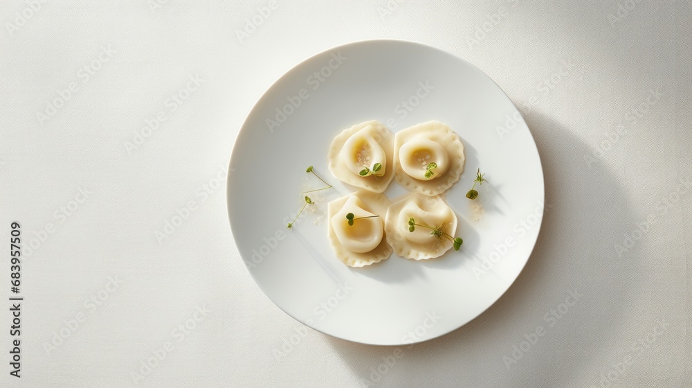a white plate topped with ravioli and garnished with green garnish on top of a white table. a white plate topped with ravioli and garnished with green garnish on top of a white table.