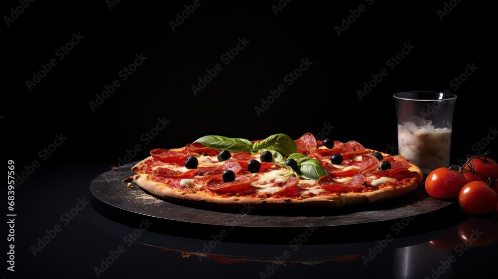  a pizza sitting on top of a pizza pan next to a glass of milk and a pepperoni and olive pizza.