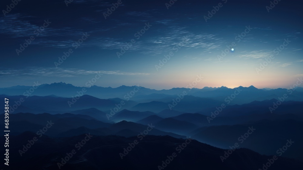  a view of a mountain range with a bright sun in the middle of the sky and a distant object in the distance.