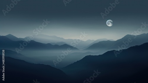  a black and white photo of a mountain range with a moon in the sky and fog in the valley below.