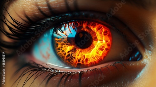 Fiery Gaze: Close-up of a Stylized Eye with Flame Elements. Generative ai © Scrudje