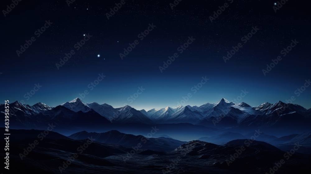 a view of a mountain range at night with the moon in the sky and stars in the sky above it. a view of a mountain range at night with the moon in the sky and stars in the sky above it.