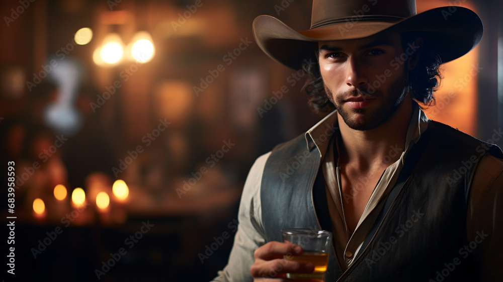 Handsome man with a cowboy hat drinking a beer in a bar, american traditional bar, cold alcoholic beverage, romantic date in america, cowboy outfit