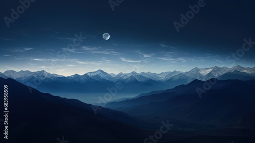  a view of a mountain range at night with a half moon in the sky and a few clouds in the sky.