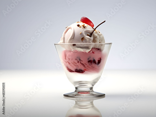 vanilla and strawberry ice-cream with cherry on top, cacao powder, sweet dessert on a white background, cold ice-cream