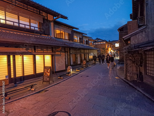 Historical streets of Gion district Kyoto, Japan at night photo