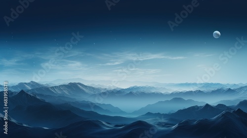  a view of a mountain range at night with a moon in the sky and a distant planet in the distance.