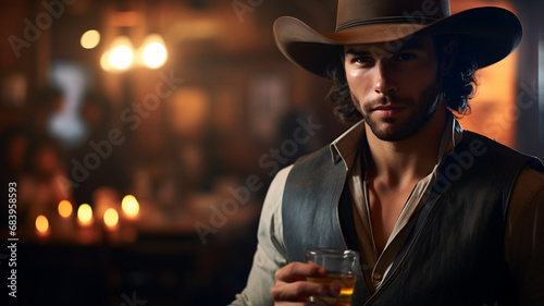 Handsome man with a cowboy hat drinking a beer in a bar, american traditional bar, cold alcoholic beverage, romantic date in america, cowboy outfit