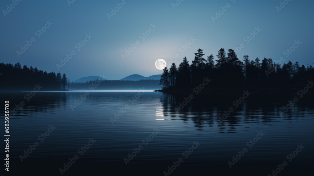  a full moon rising over a lake with trees in the foreground and a mountain range in the distance in the distance.