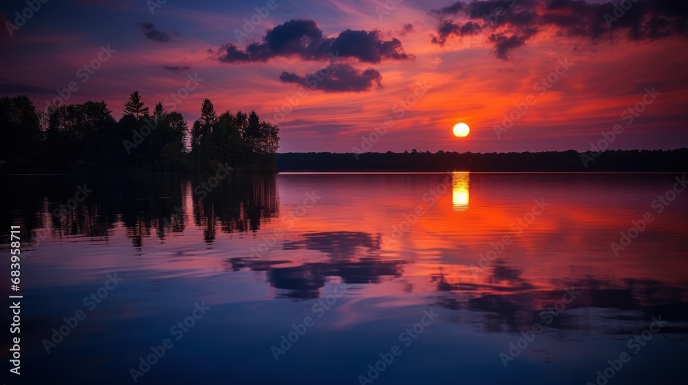  the sun is setting over a lake with trees in the foreground and the clouds in the sky reflected in the water.